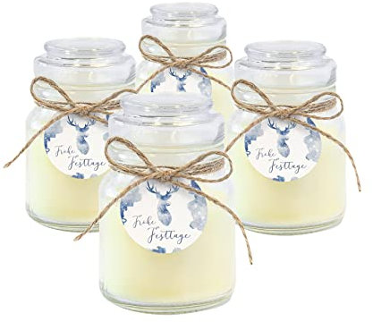 Duftkerzen im Glas 4 Stück inkl. Weihnachtsanhänger Rentier | Vanille | kleine Weihnachtsgeschenke für Mitarbeiter, Cremefarben, Blau
