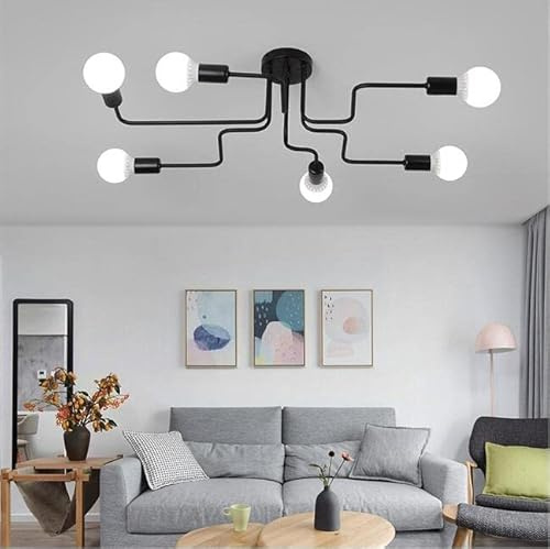 Finktonglan Industrielle Sputnik Deckenleuchte, moderne 6-Licht Halbbündig Mount Leuchte mit mattschwarzem Finish Metall Hängeleuchte für Esszimmer Bett Küche Wohnzimmer