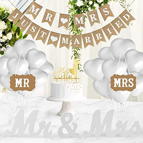 QINERSAW Set Décoration Mariage - Bannière Just Married, Lettres Mr & Mrs, Ballon Blanc, Cake Topper - Décorations de Table et Fête