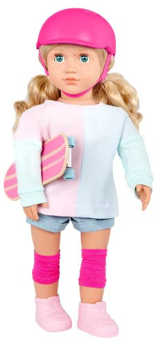 Our Generation Skateboard Puppe Yanika 46 cm | BD31329 | Outfit mit Helm, Knieschonern, Shorts und Schuhen | Rollende Action auf echtem Skateboard | Empfohlen ab 3 Jahren