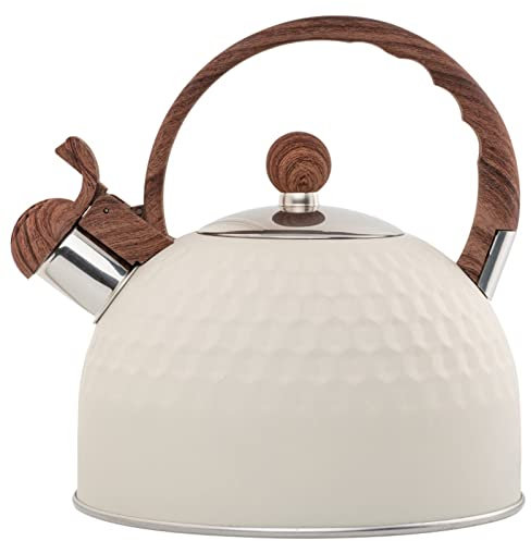 JTBDWOSK Pfeifkessel Induktion Edelstahl Teekanne,2.5L Flötenkessel Wasserkessel Für Kaminofen,Griff Für Home Küche Herde Teekessel Holzofen,Beige