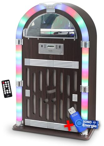 Jubebox Retro 60W HiFi System with Vinyl Record Player Bluetooth, CD, FM + Remote Control+32GB USB Stick