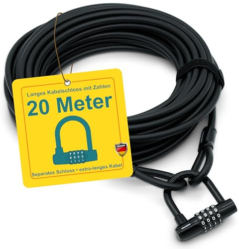 KOHLBURG Kabelschloss Zahlenschloss [20 Meter lang] - 20 m Stahlseil ummantelt mit Klettverschlüssen & Zahlen Schloss - für mehrere Fahrräder, Boote, Gartenmöbel - Stahlkabel Fahrradschloss lang 20m