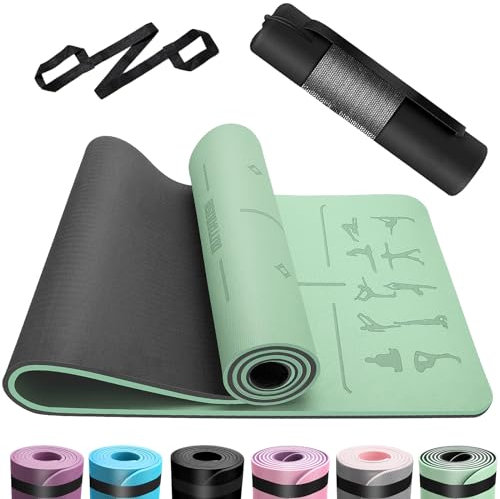 OUTDOUSE Yoga Matte, TPE 6mm Dicke Hautfreundliche Yogamatte Rutschfest Gymnastikmatte Pilates Gymnastik Meditation Stretching mit Trageriemen&Tasche Home Workout Sportmatte 183x61cm Grün&Schwarz