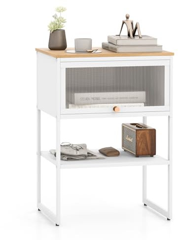 COSTWAY Nachttisch Metallrahmen, Beistelltisch mit durchsichtiger Klapptür, Schublade & offener Ablage, Nachtschrank modern, Sofatisch für Wohnzimmer, Schlafzimmer, Holz, 40 x 32 x 56 cm (weiß)