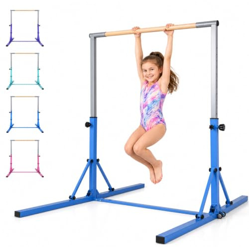 GYMAX Turnstange höhenverstellbar, Faltbare Übungsstange mit Rädern & rutschfeste Fußpolster, Turnreck bis 100 kg belastbar, Gymnastik Turnreck für Innen- & Außenbereich