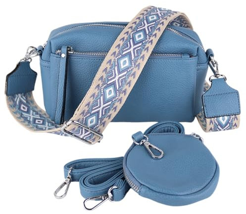 MIRROSI® umhängeTasche inkl. 1x Münzbeutel und 2 Wechselgurte Damen Crossbody Bag, 19x14x8cm Kleine Mittelgroß (verstellbaren Schulterriemen), SchulterTasche fürjeden Anlass (Jeansblau)