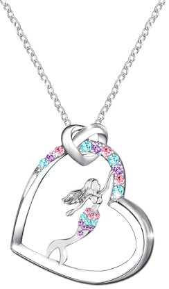 MAKOBLESSMOMO Meerjungfrau-Halskette für Mädchen und Jungen, Halsketten mit Kristall-Herz-Anhänger, Geschenke, Schmuck, Geschenke für Mädchen, Tochter, Enkelin, Nichte, Geburtstags- und