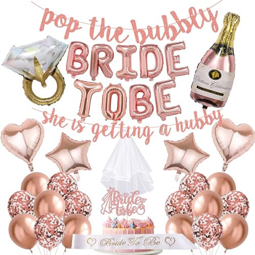 Hen Party Decorations, Rose Gold Bridal Shower Decorations Bride To Be Balloons Banner Pop The Bubbly Banner White Bridal Wedding Veil with Comb Diamond Ring Balloons for Hen Night Engagement Party