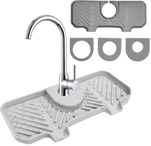 Abtropfmatte Silikon, Silikon Abtropfmatte Spüle, Wasserhahn Spritzfänger Matten mit 3 Karabinern, Wasserhahn Abtropfmatte Wasserfänger zum Schützen von Badezimmer Arbeitsplatte Küche, Grau