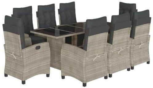 vidaXL Garten Essgruppe 9-TLG., Gartenmöbel Set Tisch mit 8 Stühle, Gartengarnitur mit Kissen, Sitzgruppe Essgarnitur Terrasse, Hellgrau Poly Rattan