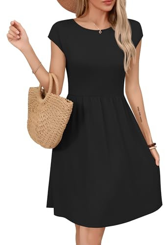 Missufe Damen Sommerkleid A Linien Swing Knielang Skaterkleid Freizeitkleider mit Taschen (Schwarz, Large)