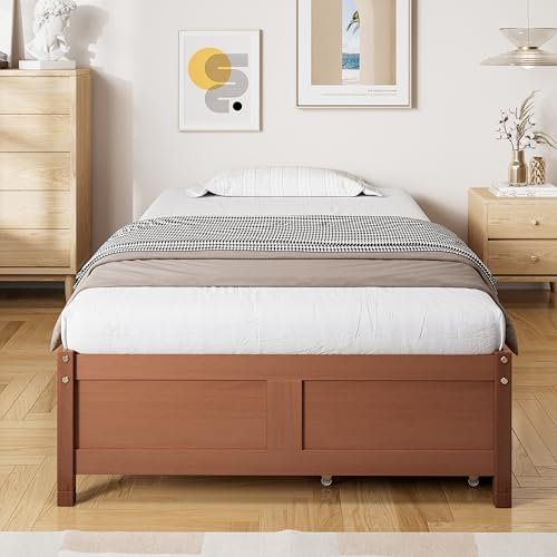 Ojiuboo Holzbett für Kinder und Erwachsene, rotbraunes Retro-Design, mit Rollen und Zwei Schubladen, massiver Lattenrost aus Kiefernholz, Material Kiefer+MDF, rotbraun, 90x200 cm