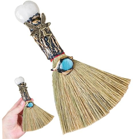 Halloween Witch Broom, Crystal Witch Wiccan Altar Broom, escoba de bruja con cristal en forma de corazón, decoración de brujas de Halloween para curación de suministros de fiestas de limpieza