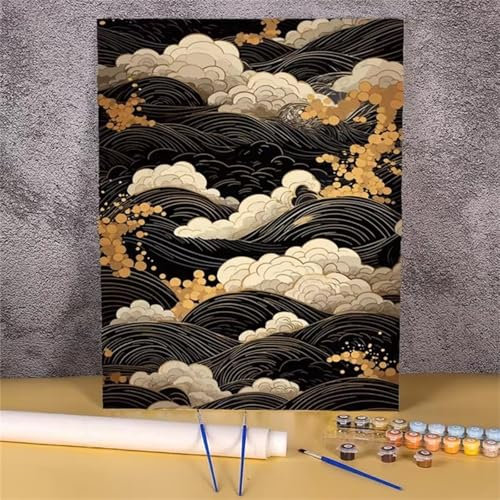 Peinture Par Numero Adulte Nuages blancs noirs,Kit de Peinture à l'huile sur Toile Bricolage avec 3 Pinceaux et Acryliques pour Décoration et Cadeaux avec Cadre - 60x75cm
