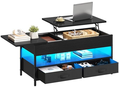 YITAHOME Couchtisch, Wohnzimmertisch Schwarz Höhenverstellbar, Couch Tisch mit 2 Schublade, Couchtisch Modern mit LED