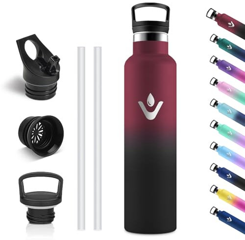 Vikastar Borraccia Termica, 1000ml Senza BPA, Borraccia Termica 1 Litro, a Prova di Perdite, Thermos per Bevande Calde, Acciaio Inox, Bottiglia Termica per Adulto, Scuola, Palestra, Rosso & Nero