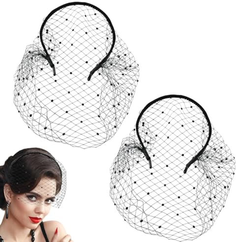 NHQZ 2 Stück Fascinator Hüte für Damen, Vintage Fascinators Hut, Schwarz Mesh Schleier Stirnband für Frauen Braut Hochzeit, Elegant Tea Party Fascinator Schleier für Frauen und Mädchen（Schwarz）