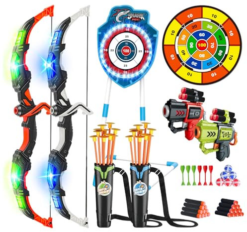 VATOS 2 Pack Bow and Arrow Toy with LED Light - 4 in 1 Archery & Dart Game Set with 20 Suction Cup Arrows, Shark Glow Target & Dart Board - Indoor/Outdoor Birthday Gift for Kids Boys Girls Ages 5-12