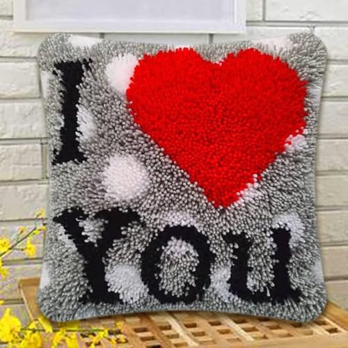 FWRTYCB Latch Hook Cushion Kits for Adults I Love You Red Heart Grey Rug Cover Pillowcase Kids Beginner DIY Needlework Embroidery Kits Handmade Set Craft Sofa Home Decor 43x43cm,1pcs