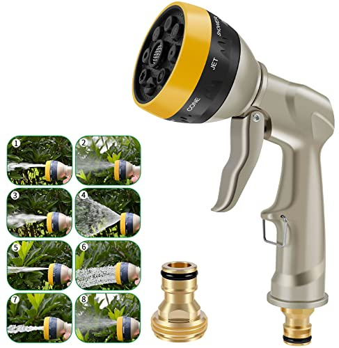 Garten Handbrause Metall Hochdruck Garten-Spritzpistolen mit 8-Funktionen Spritzdüse und Einstellbarer Wasserdurchfluss Bewässerungspistole für Gartenbewässerung Autowäsche Haustierbaden