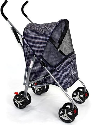 Actiaspet Pet Stroller with Waterproof Cover Foldable with Swivel Wheels 15 kg Carrying Capacity (Blue Check, Stroller)