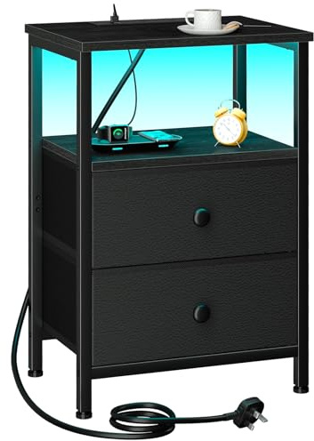 LOAKEKEL Bedside Table, Side Table with Charging Station, Bed Side Table | Night Stand with LED Light and 2 Fabric Drawers, Bedside Cabinet with Open Storage Shelf for Living Room, Bedroom, Black