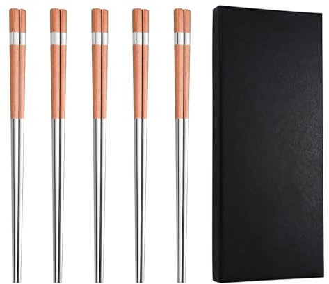 RISHORI Stainless Steel Chopsticks Reusable Multicolor Dishwasher Safe Chop Sticks Square Non-Slip, 22.8cm/8.98Inches 5 Pairs Gift Set,Orange