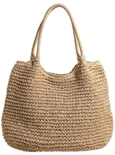 Strohtasche für Damen Summer Stroh Handtasche Strandtasche Schultertasche Geflochtene Tasche Korbtasche Tote Bag Basttasche Groß Gewebte Shopper Tasche