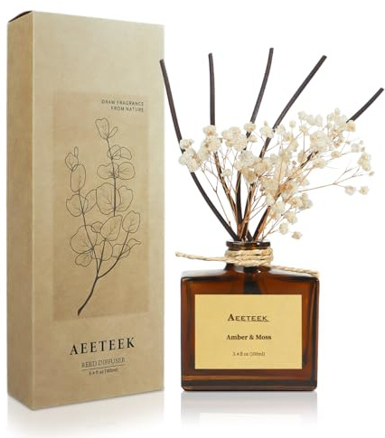 Aeeteek Reed Diffuser, Amber & Moss Essential Oil Diffuser with Dried Flowers, 3.4 oz Scented Oil Air Freshener, Handmade Home Decor, Long-Lasting Room Scent Fragrance for Office, Bathroom