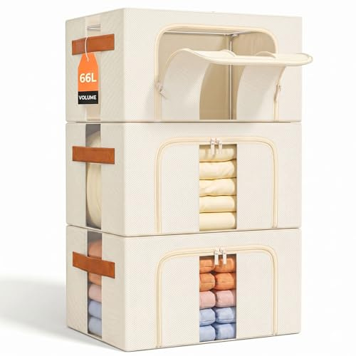 NiuBeBe Kleiderboxen Aufbewahrung Mit Metallrahmen: Stapelbar Beige 3x66L | Faltbar Aufbewahrungstasche mit Deckel für Kleiderschrank Organizer Storage Pullover Saisonkleidung Bettwäsche