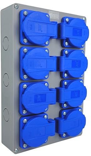 RoadEu – Außensteckdose 8x Schuko 230V | IP44 Steckdosenverteiler Aufputz 16A | Vorverdrahtete Baustromverteiler mit Kabelverschraubung | Für Werkstatt, Garage & Garten