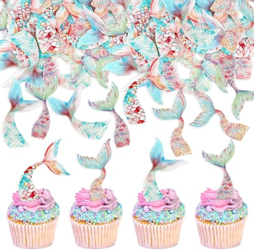 Blumomon 40Pcs Pre-Cut Edible Mermaid‘s Tail Cupcake Toppers Mermaid Cake Decorations Ocean Theme Party Decorations Seafood Theme Decorations Baby Girl Shower Birthday Party Cake Decorations Supplies