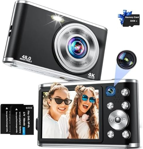 AutoFocus Appareil Photo Compact 4K avec Double Appareil Photo avec Carte mémoire 32 Go HD 48 MP 16X Zoom numérique 2,8 Grand écran Appareil Photo numérique pour débutant (Noir)