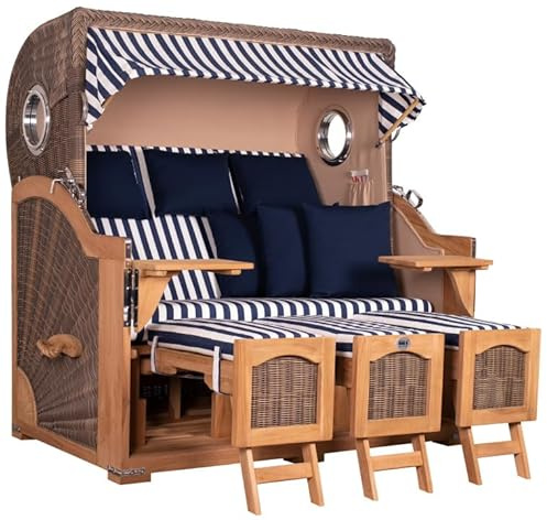 MR. DEKO Strandkorb XXL Dreisitzer Düne Grande Komplettset | Teak-Holz Volllieger | Strandkorb-Bullauge | Gartenstrandkorb Lifter-System Rollen Abdeckhaube | 3-Sitzer Gartenmöbel-Set 170x95x170 cm