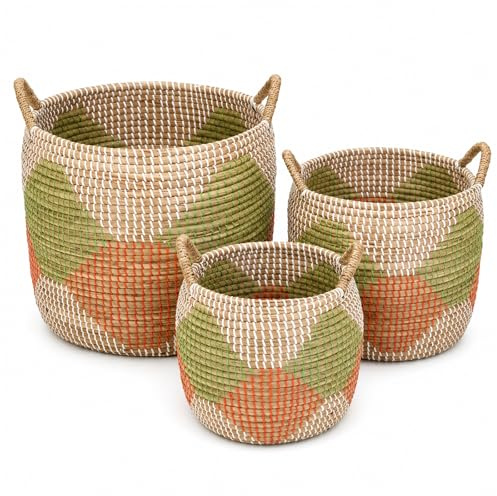 3er Set Aufbewahrungskorb Seegraskorb, Wäschekorb mit Griffen, Geflochtener Korb, Handgeflochtener Spielzeugkorb aus Vietnam, 55.5L/27.9L/15.3L für Wohnzimmer Schlafzimmer Küche Bad Kinderzimmer