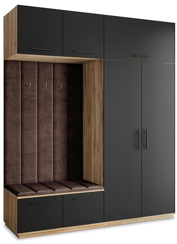 Masseno Flugarderoben Set Rema, Kleiderschrank-Set mit Sitzbank, Garderobenschrank Flur mit 5 Regalböden, Eiche Wotan/Schwarz