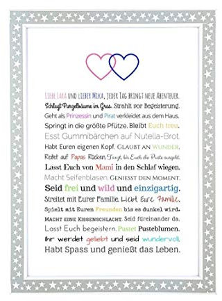 Geschenk Geburt Zwillinge - Personalisiertes Bild mit Rahmen für Babies und Neugeborene - Geschenkidee z.B. als Gastgeschenk zur Geburt - Variante für Junge + Mädchen, Kunstdruck, DIN A4