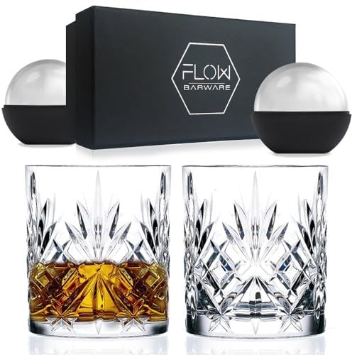 FLOW Barware Classic Whiskey Glasses Set of 2 | Crystal Whisky Glasses Gift Set | Heavy Tumbler Whiskey Glass for Rum, Scotch, Bourbon Gin & Tonic & Negroni Cocktails
