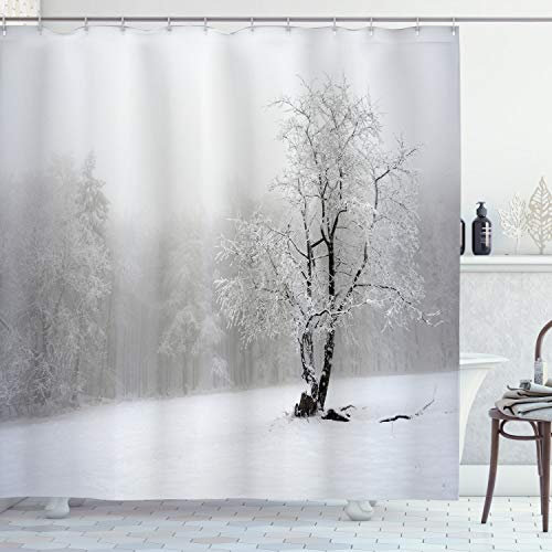 ABAKUHAUS Baum Duschvorhang, Winter verschneiten Wald Kalten, Stoffliches Gewebe Badezimmerdekorationsset mit Haken, 175 x 180 cm, Weiß Grau