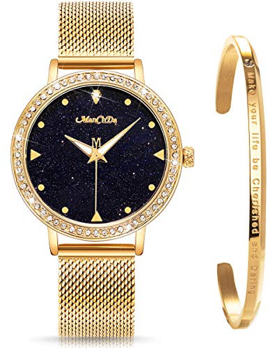 ManChDa Damen Armbanduhr Marmor-Zifferblatt Uhr mit Kristall Mesh Edelstahl Gürtel Damen Quarz Diamant Klassische Mode Romantisch + Schmuck Manschette Armband Set(Gold)