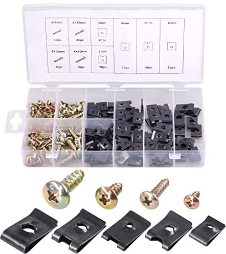 Keadic 170Pcs Screw and Nut Clip Kit,U-Clip Kit - Automotive Body Clips, Clip-On, Screw Mount, Zinc Plated, Spring Steel, Black or Silver, M6, For Car Panel, Door Trim, Bumper & Fender Repairs