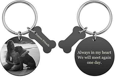 Zysta Personalized Text & Fotogravur - Edelstahl Rund Dog Tag Schlüsselanhänger Hund Tier Knochen keychain Schlüsselbund (Mit Foto & Text gravur)