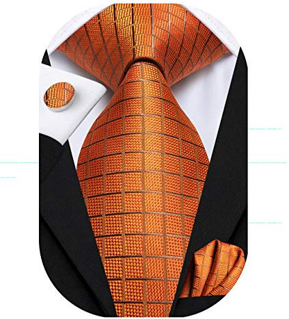 Hi-Tie Herren silk krawatten plaid überprüfen jacquard krawatte einstecktuch manschettenknöpfe set einheitsgröße orange