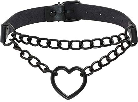 JJDreams Punk Halsband Gothic PU Leder Halsreif mit Kette Herz Anhänger elegant Choker Kragen schwarz Damen