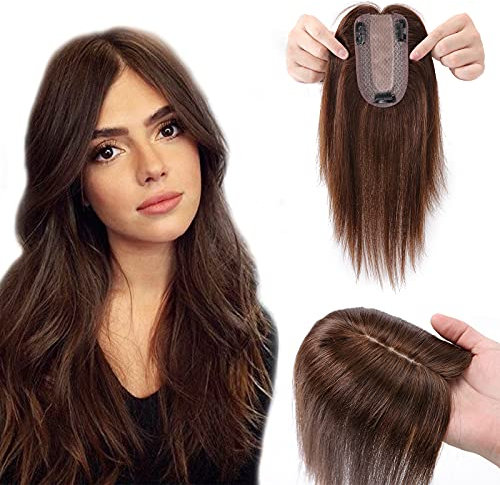 Clip in Extensions Echthaar Topper Extensions Echthaar Haarteile Echthaar Toupet für Frauen Toupee Haarteil 130% Dichte Hair Extensions 40cm-48g 04# Mittelbraun