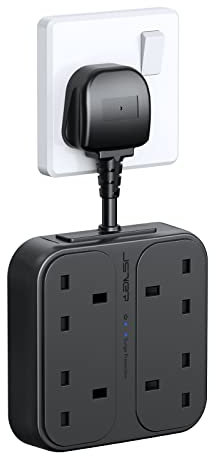 JSVER Extension Lead with 4 USB Ports Plug Extension with 4 Outlets (3250W) and 1 USB C Port,3 USB A Ports Power Socket Surge Protection for Home Travel, Black