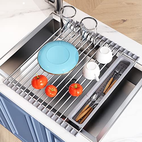 JASIWAY Escurridor De Platos Enrollable, Extensible, Plegable, Escurreplatos De Cocina Portátil para Fregadero Interior, Estante De Secado De Platos De Acero Inoxidable 304 (39.4-59.2cm, Plateado)