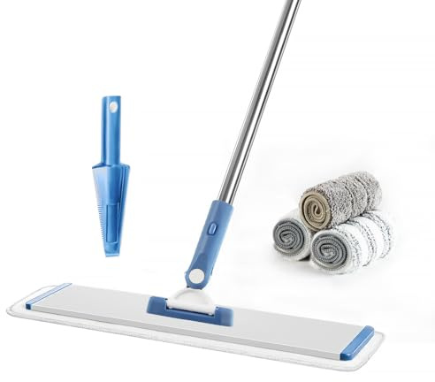 CQT Commercial Flat Microfiber Floor Mop Cleaning System 18 Inch Wet Dry and Dust Hardwood with 4 Washable Pads Cleaner for Laminate Tile Stainless Steel Handle and Extension (PT13-Blue)