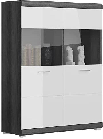 Newroom Vitrine Rauchsilber Weiß Hochglanz Vitrinenschrank Modern - 113x139x34 cm (BxHxT) - Glasvitrine Standvitrine Glasschrank - [Marec.Nine] Wohnzimmer Wohnstube Büro